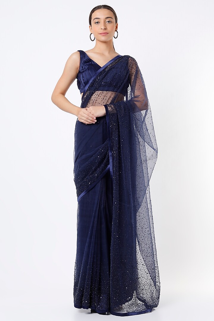 Navy Blue Hand Embroidered Wedding Saree Set by Pooja Peshoria at Pernia's Pop Up Shop