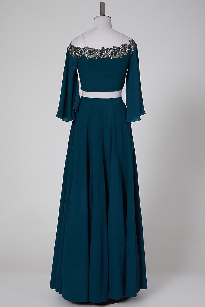 Emerald Green Embroidered Crop Top With Wedding Lehenga by Pooja Peshoria at Pernia's Pop Up Shop