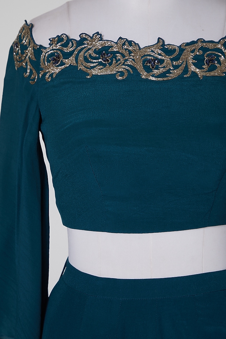 Emerald Green Embroidered Crop Top With Wedding Lehenga by Pooja Peshoria at Pernia's Pop Up Shop