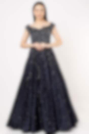 Navy Blue Satin Embellished Gown by Pooja Peshoria