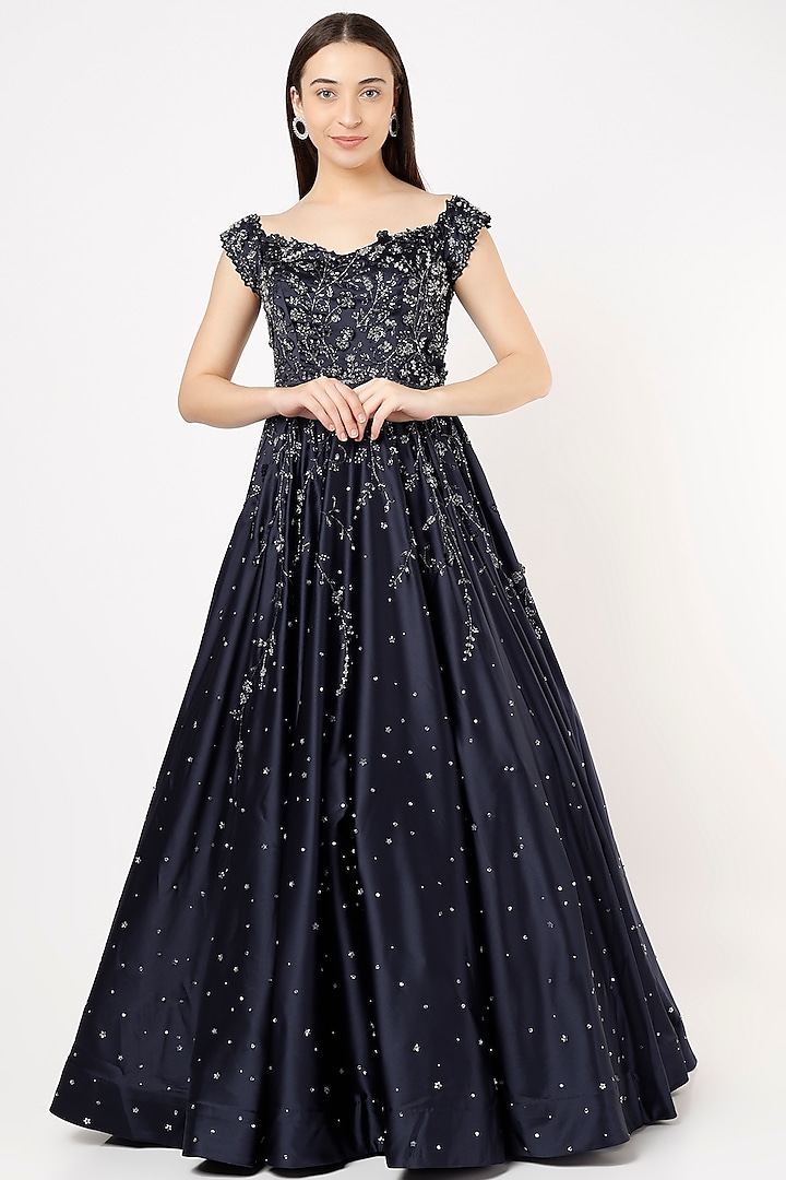 Navy Blue Satin Embellished Gown by Pooja Peshoria