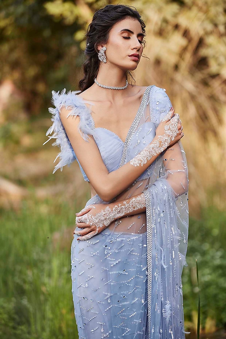 Powder Blue Hand Embroidered Reception Saree Set by Pooja Peshoria at Pernia's Pop Up Shop