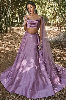 Mauve Hand Embroidered Lehenga Set by Pooja Peshoria