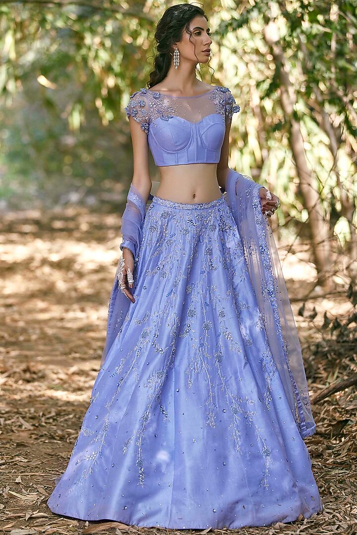 Periwinkle Hand Embroidered Bridal Lehenga Set by Pooja Peshoria at