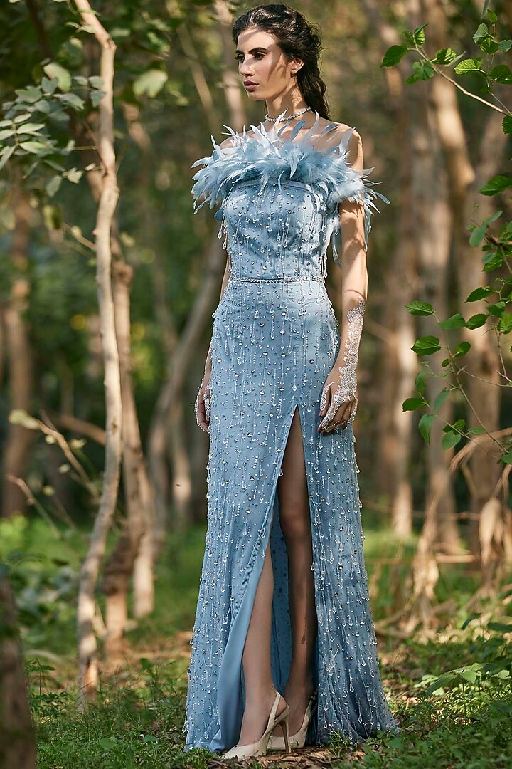 Light Blue Hand Embroidered Gown With Belt by Pooja Peshoria at Pernia's Pop Up Shop