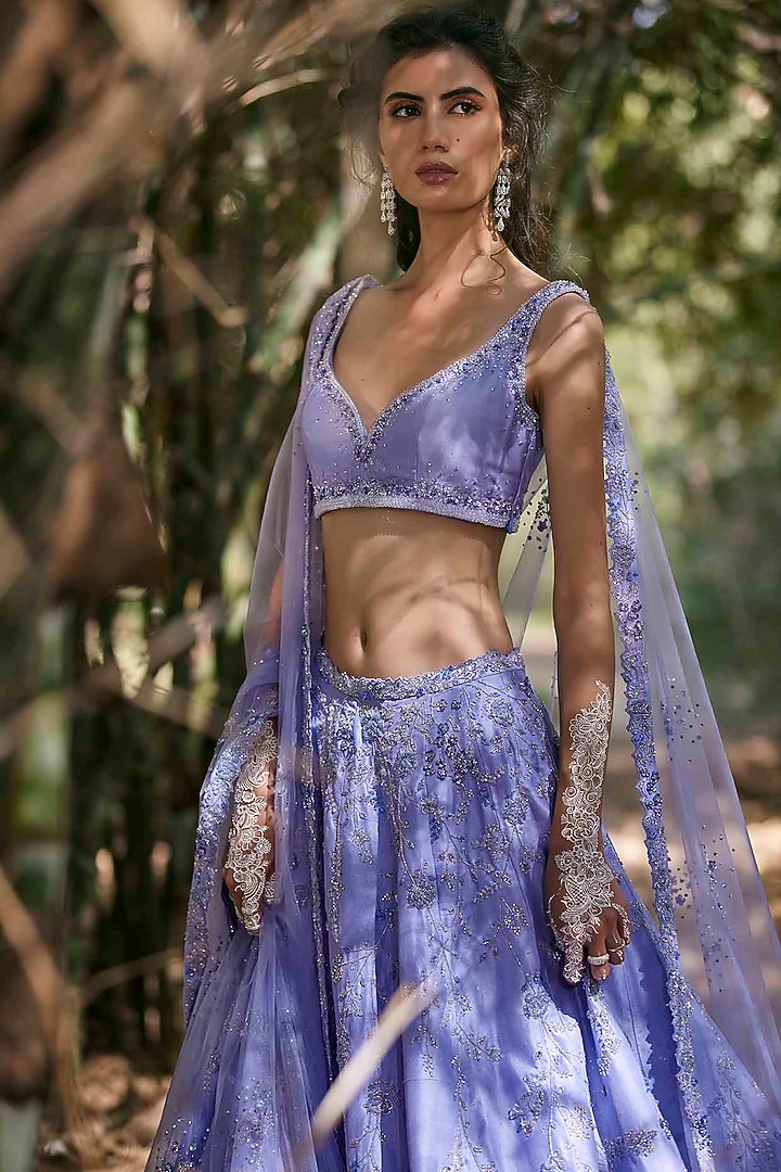 Periwinkle Sequins Hand Embroidered Bridal Lehenga Set by Pooja Peshoria at Pernia's Pop Up Shop