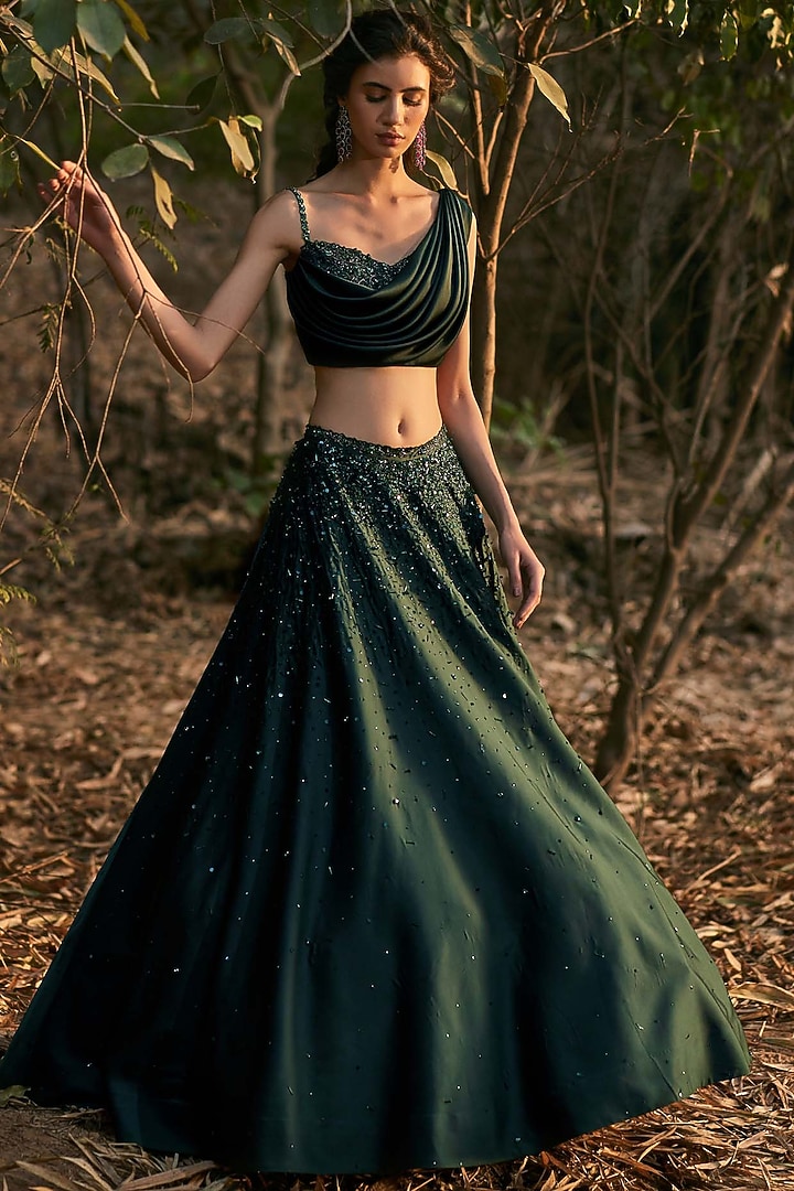 Emerald Green Satin Crystal Hand Embroidered Skirt Set by Pooja Peshoria at Pernia's Pop Up Shop