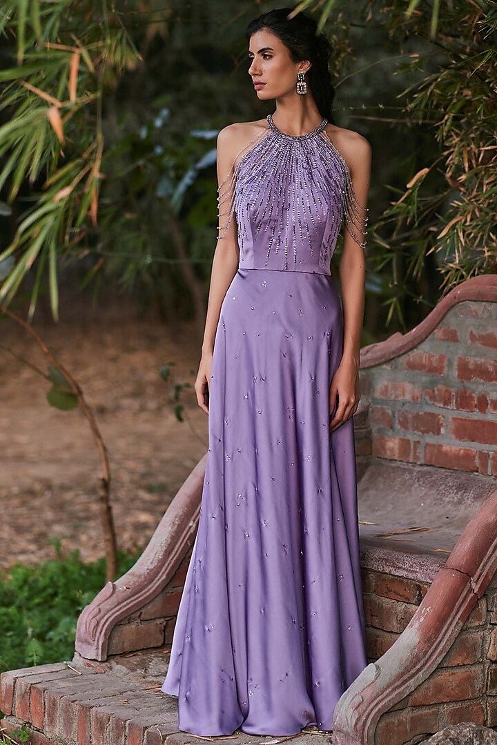 Purple Hand Embroidered Gown by Pooja Peshoria