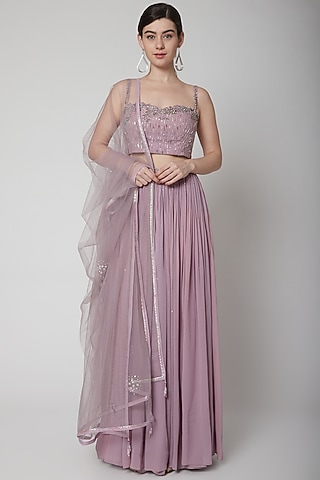 Mauve Embroidered Lehenga Set by Pooja Peshoria