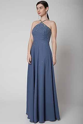Grey Hand Embroidered Gown by Pooja Peshoria