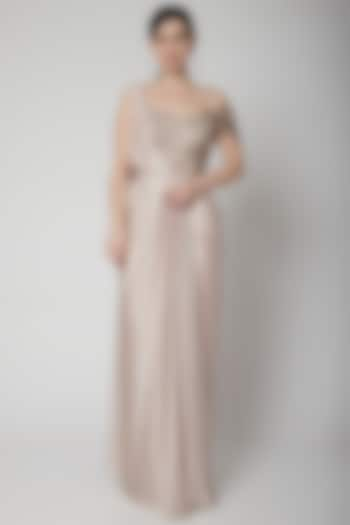 Nude Satin & Net Hand Embroidered Draped Saree Gown by Pooja Peshoria at Pernia's Pop Up Shop