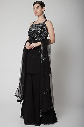 Black Embroidered Sharara Set by Pooja Peshoria