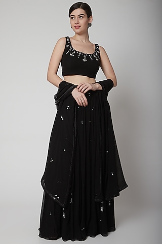 Black Hand Embroidered Lehenga Set by Pooja Peshoria