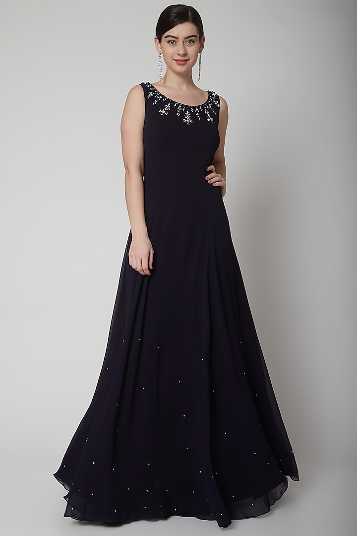 Midnight Blue Embroidered Gown by Pooja Peshoria