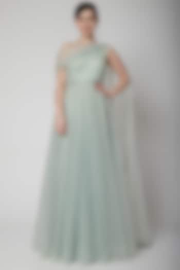Mint Green Embroidered Gown With Belt by Pooja Peshoria