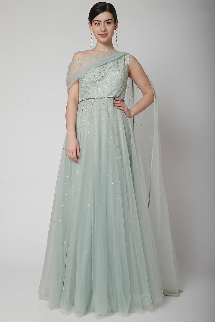 Mint Green Embroidered Gown With Belt by Pooja Peshoria