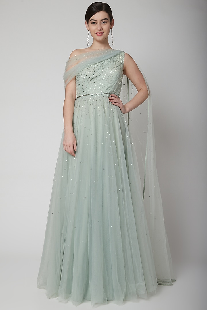 Mint Green Embroidered Gown With Belt by Pooja Peshoria at Pernia's Pop Up Shop