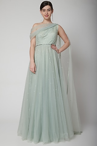 Mint Green Embroidered Gown With Belt by Pooja Peshoria