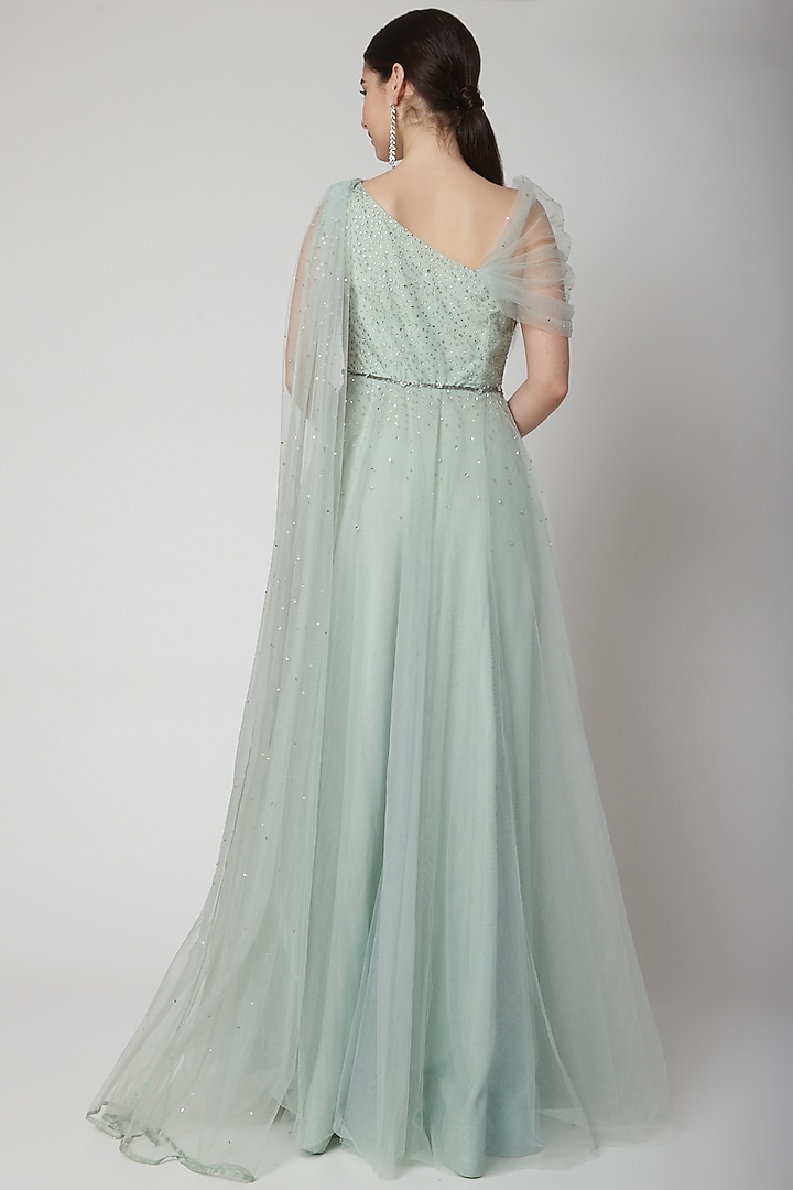 Mint Green Embroidered Party Wear Gown With Belt by Pooja Peshoria at Pernia's Pop Up Shop