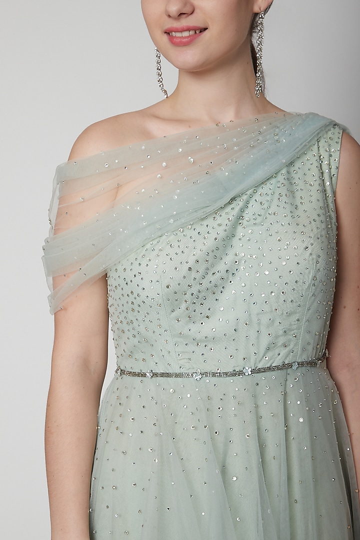 Mint Green Embroidered Party Wear Gown With Belt by Pooja Peshoria at Pernia's Pop Up Shop