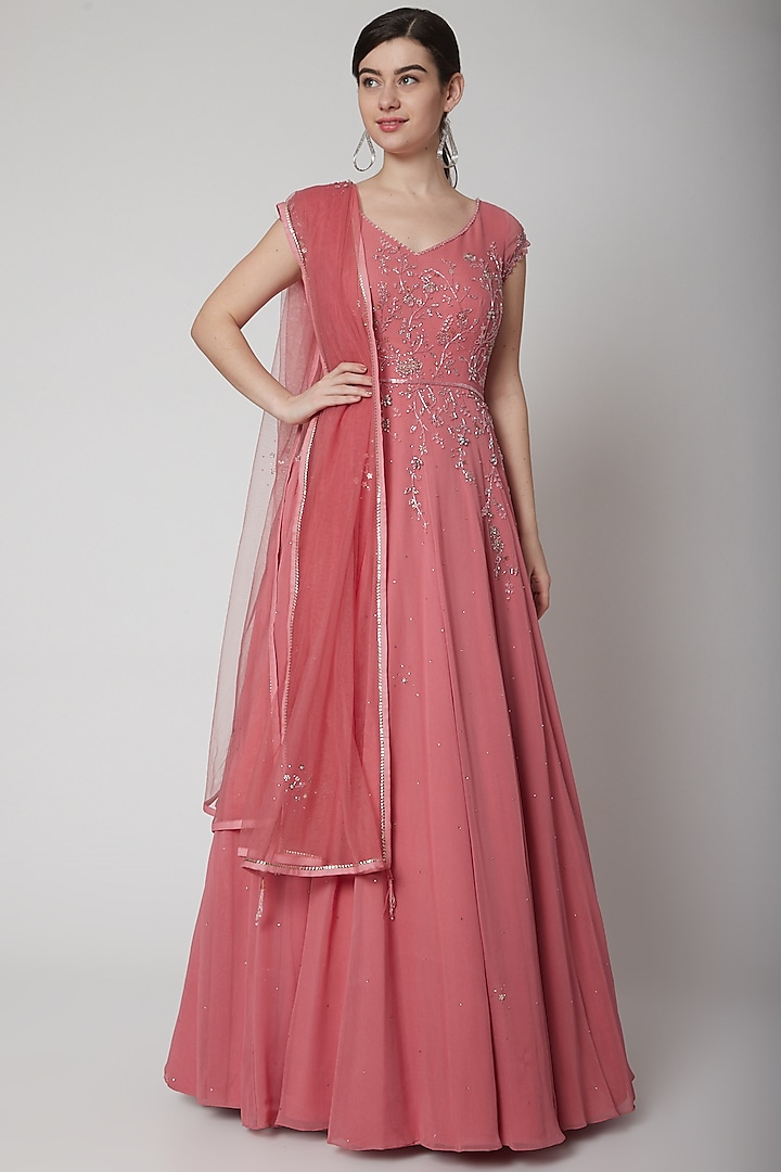 Rose Pink Hand Embroidered Anarkali With Dupatta by Pooja Peshoria at Pernia's Pop Up Shop