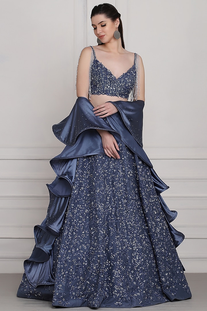 Aegan Blue Hand Embroidered Lehenga Set by Pooja Peshoria