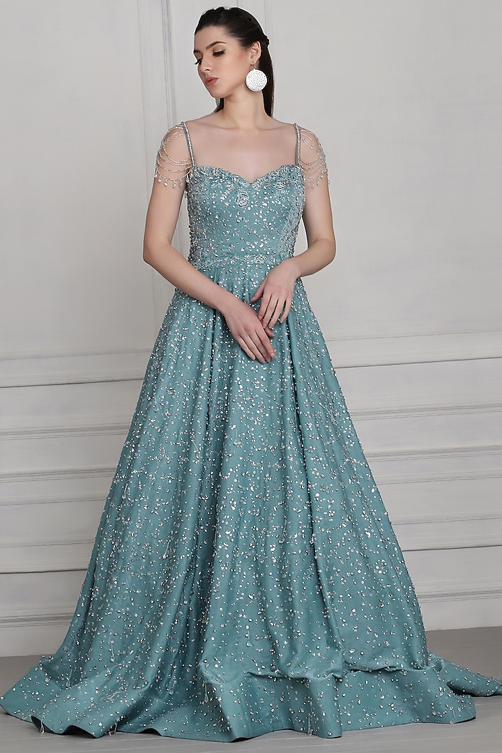 Sea Green Embroidered Gown by Pooja Peshoria