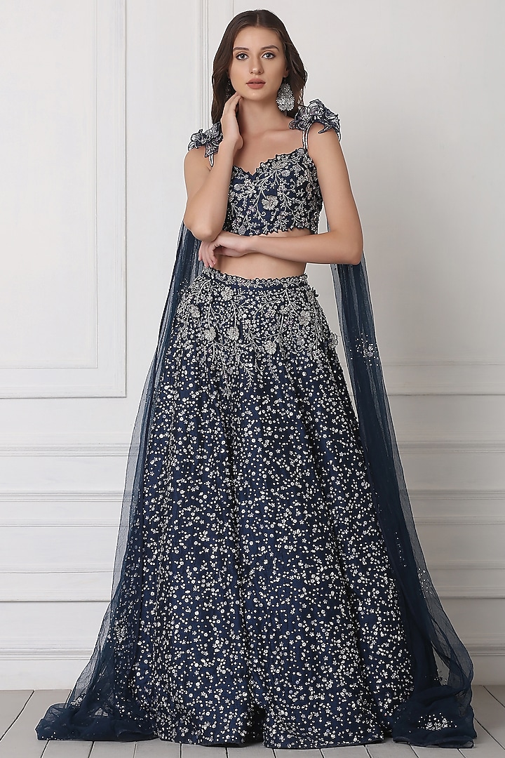 Midnight Blue Embroidered Bridal Lehenga Set by Pooja Peshoria at Pernia's Pop Up Shop