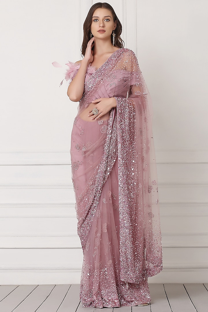 Mauve Net Crystal Hand Embroidered Saree Set by Pooja Peshoria
