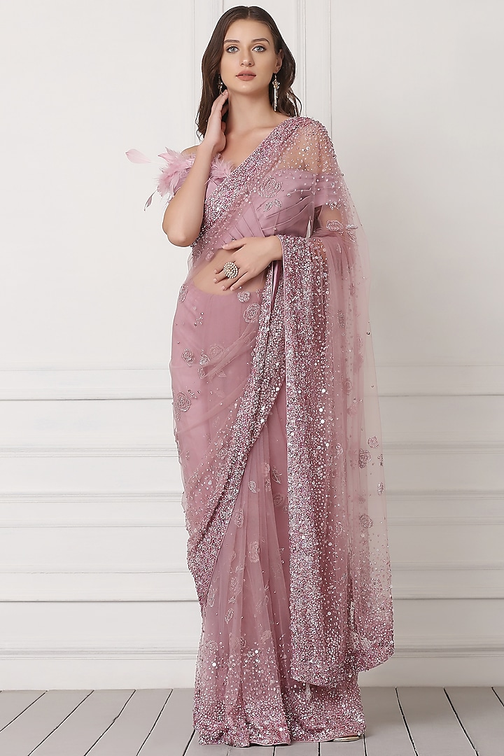 Mauve Net Crystal Hand Embroidered Saree Set by Pooja Peshoria at Pernia's Pop Up Shop