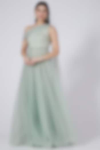 Pista Green Hand Embroidered Gown by Pooja Peshoria