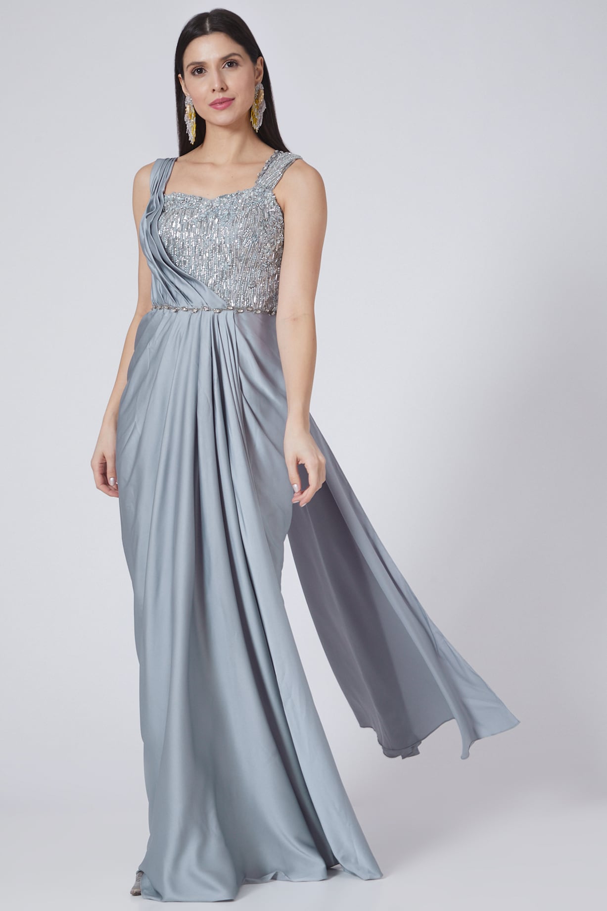 Grey Embellished Satin Wedding Saree Gown by Pooja Peshoria at Pernia's Pop  Up Shop