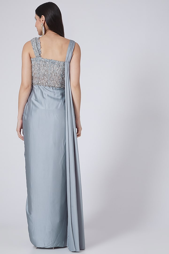 Grey Embellished Satin Saree Gown by Pooja Peshoria at Pernia's