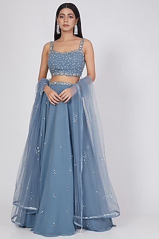 Grey Blue Sequins Embroidered Lehenga Set by Pooja Peshoria