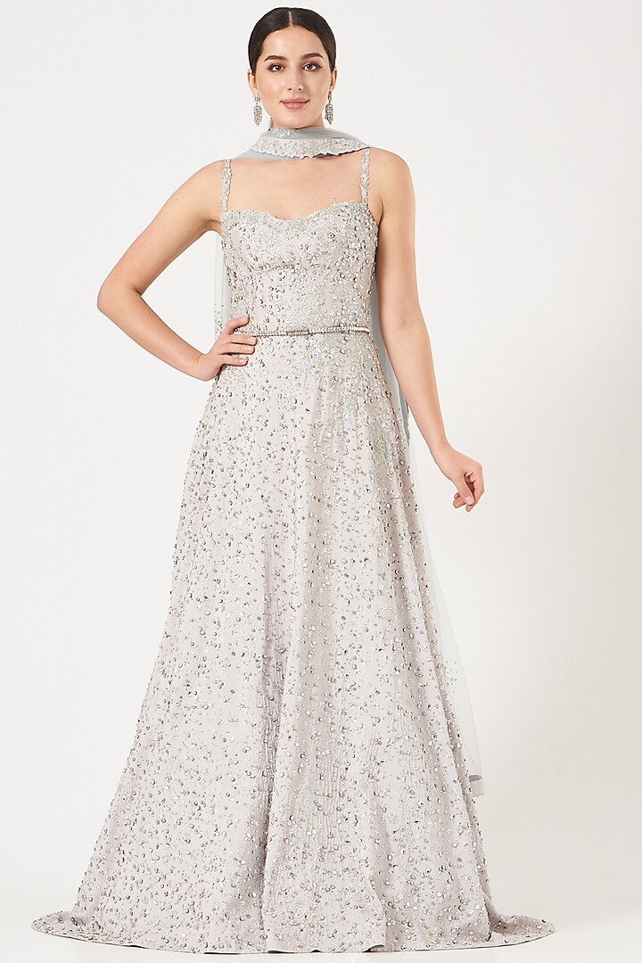 Light Blue Embroidered Bridal Gown With Dupatta by Pooja Peshoria at Pernia's Pop Up Shop