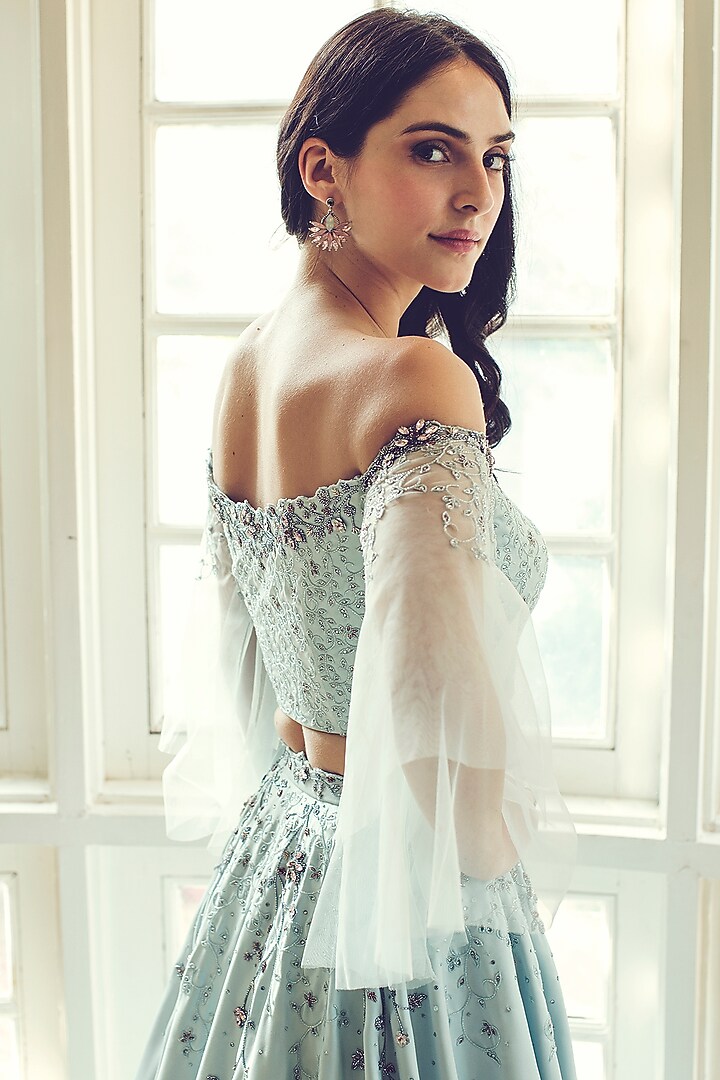 Light Blue Hand Embroidered Flared Wedding Lehenga Set by Pooja Peshoria at Pernia's Pop Up Shop