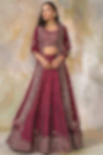 Wine Hand Embroidered Bridal Lehenga Set by Pooja Peshoria at Pernia's Pop Up Shop