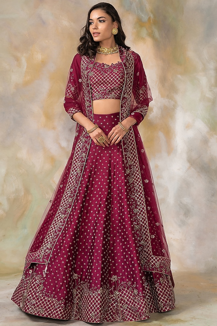 Wine Hand Embroidered Bridal Lehenga Set by Pooja Peshoria at Pernia's Pop Up Shop