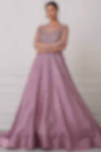 Mauve Satin Embroidered Gown by Pooja Peshoria