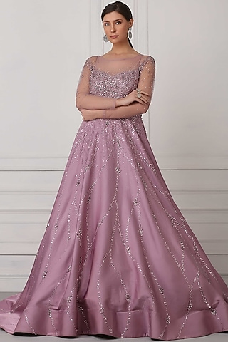 Mauve Satin Embroidered Gown by Pooja Peshoria