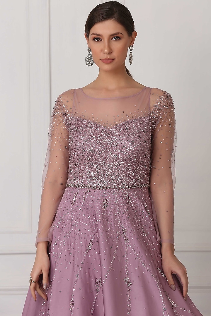 Mauve Satin Embroidered Wedding Gown by Pooja Peshoria at Pernia's Pop Up Shop