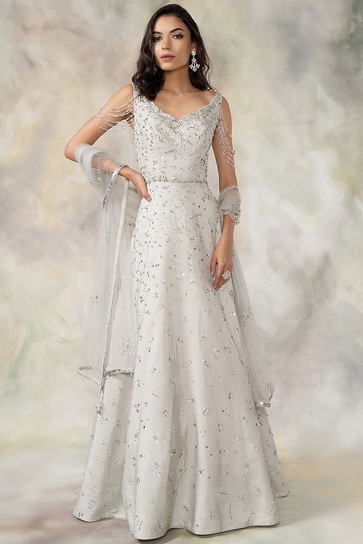 Silver Hand Embroidered Gown by Pooja Peshoria