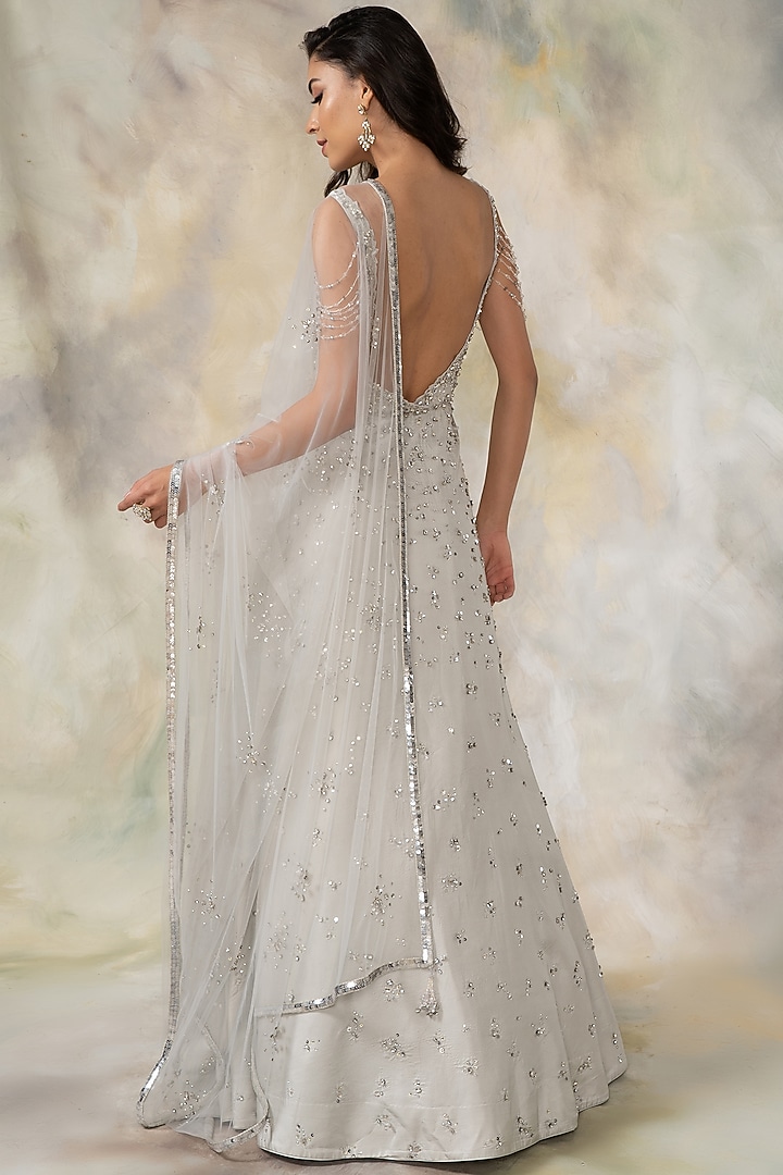 Silver Hand Embroidered Wedding Gown by Pooja Peshoria at Pernia's Pop Up Shop