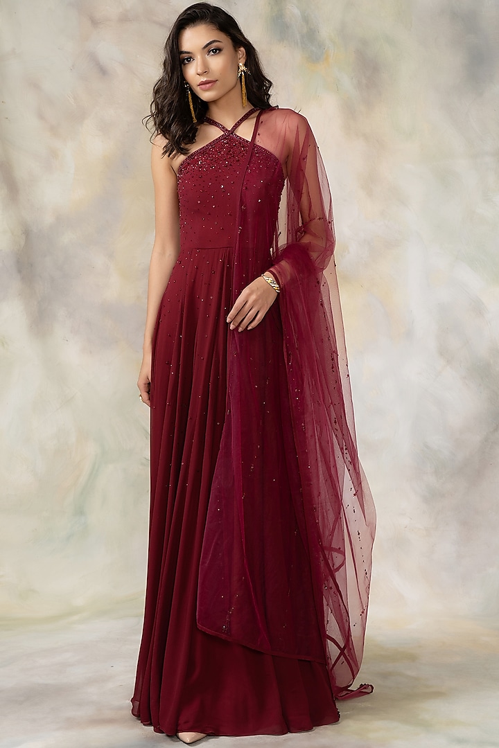 Maroon Hand Embroidered Gown by Pooja Peshoria