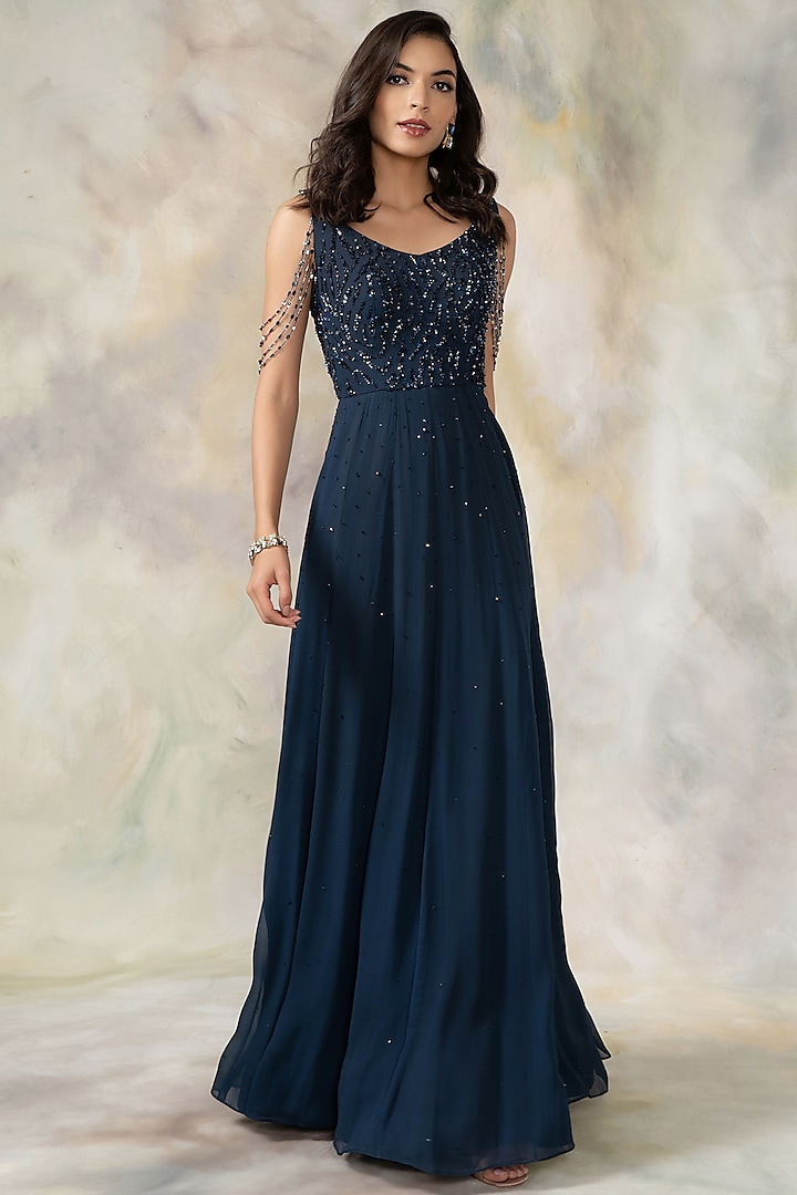 Navy Blue Hand Embroidered Gown by Pooja Peshoria