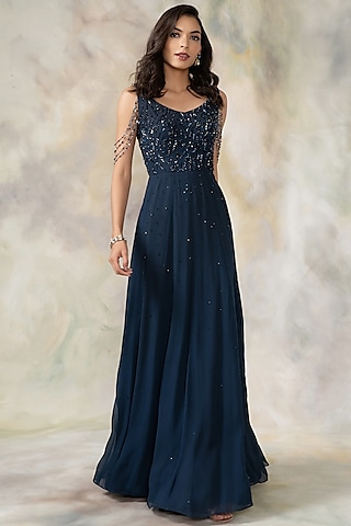 Navy Blue Hand Embroidered Gown by Pooja Peshoria