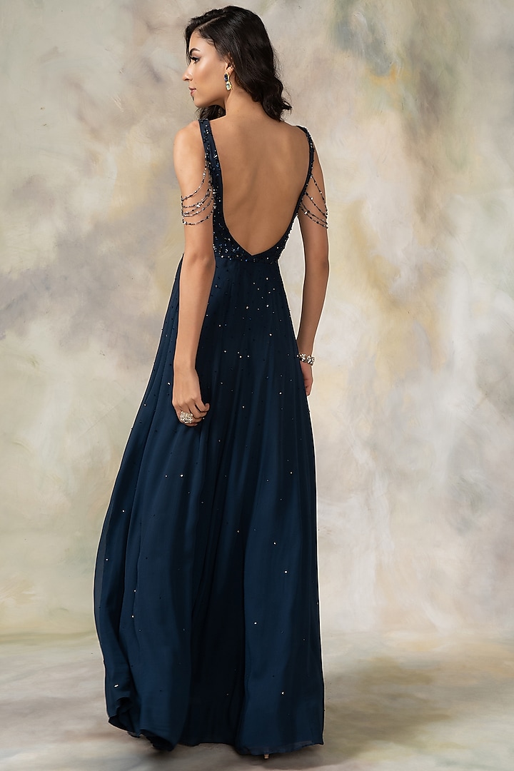 Navy Blue Hand Embroidered Engagement Gown by Pooja Peshoria at Pernia's Pop Up Shop