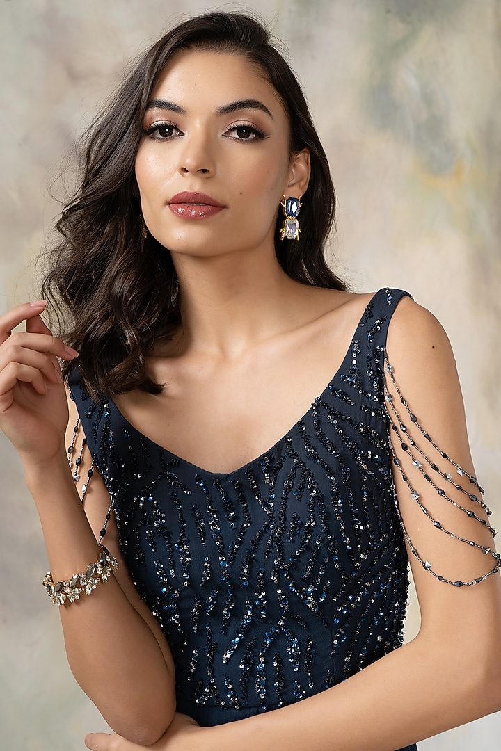 Navy Blue Hand Embroidered Engagement Gown by Pooja Peshoria at Pernia's Pop Up Shop