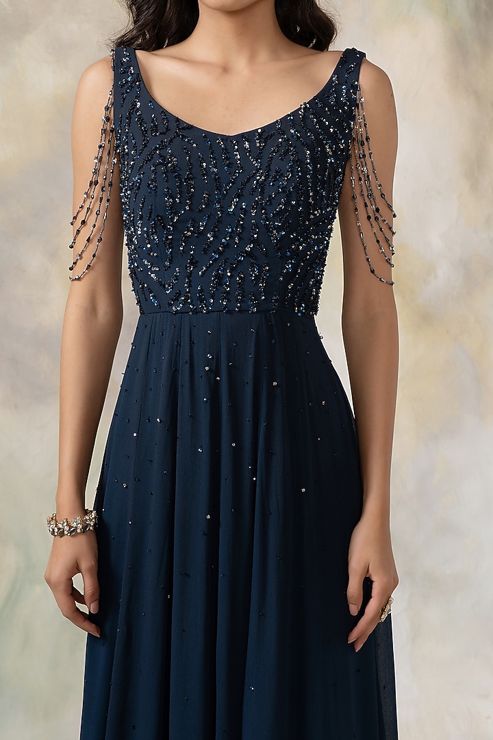 Navy Blue Hand Embroidered Engagement Gown by Pooja Peshoria at Pernia's Pop Up Shop