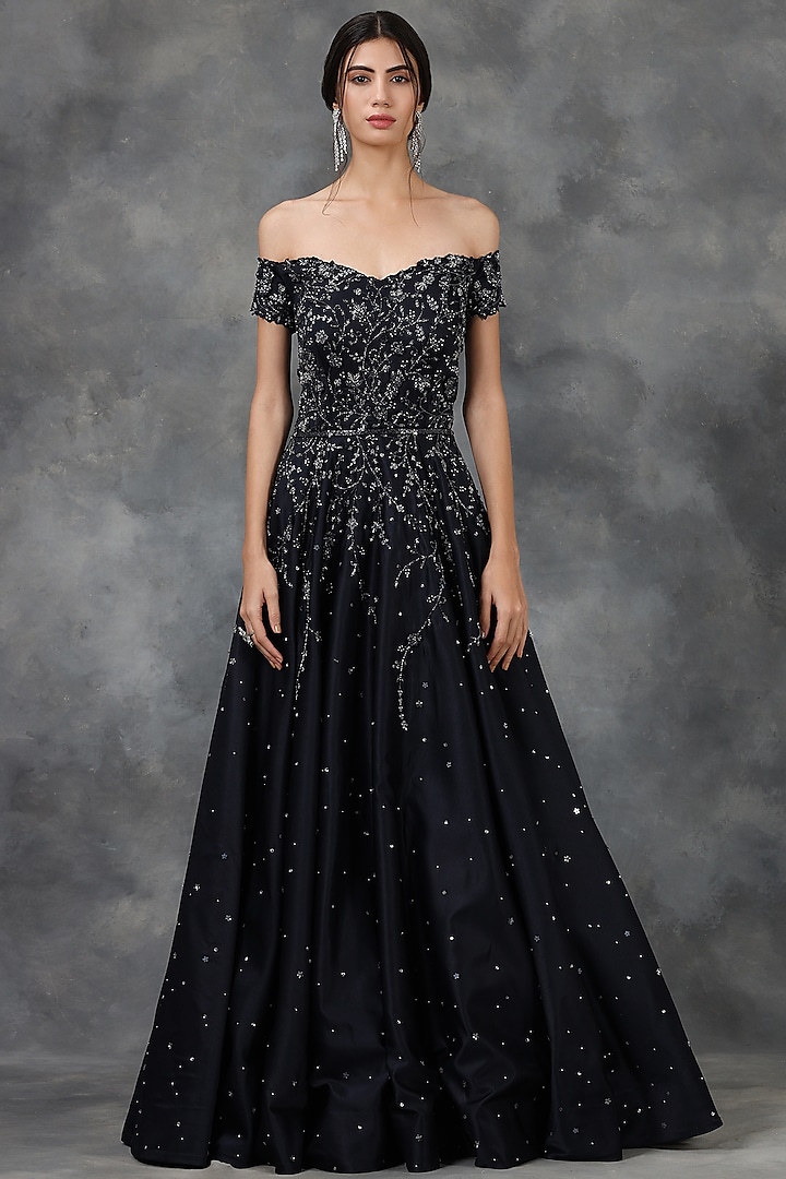 Midnight Blue Floral Embellished Gown by Pooja Peshoria